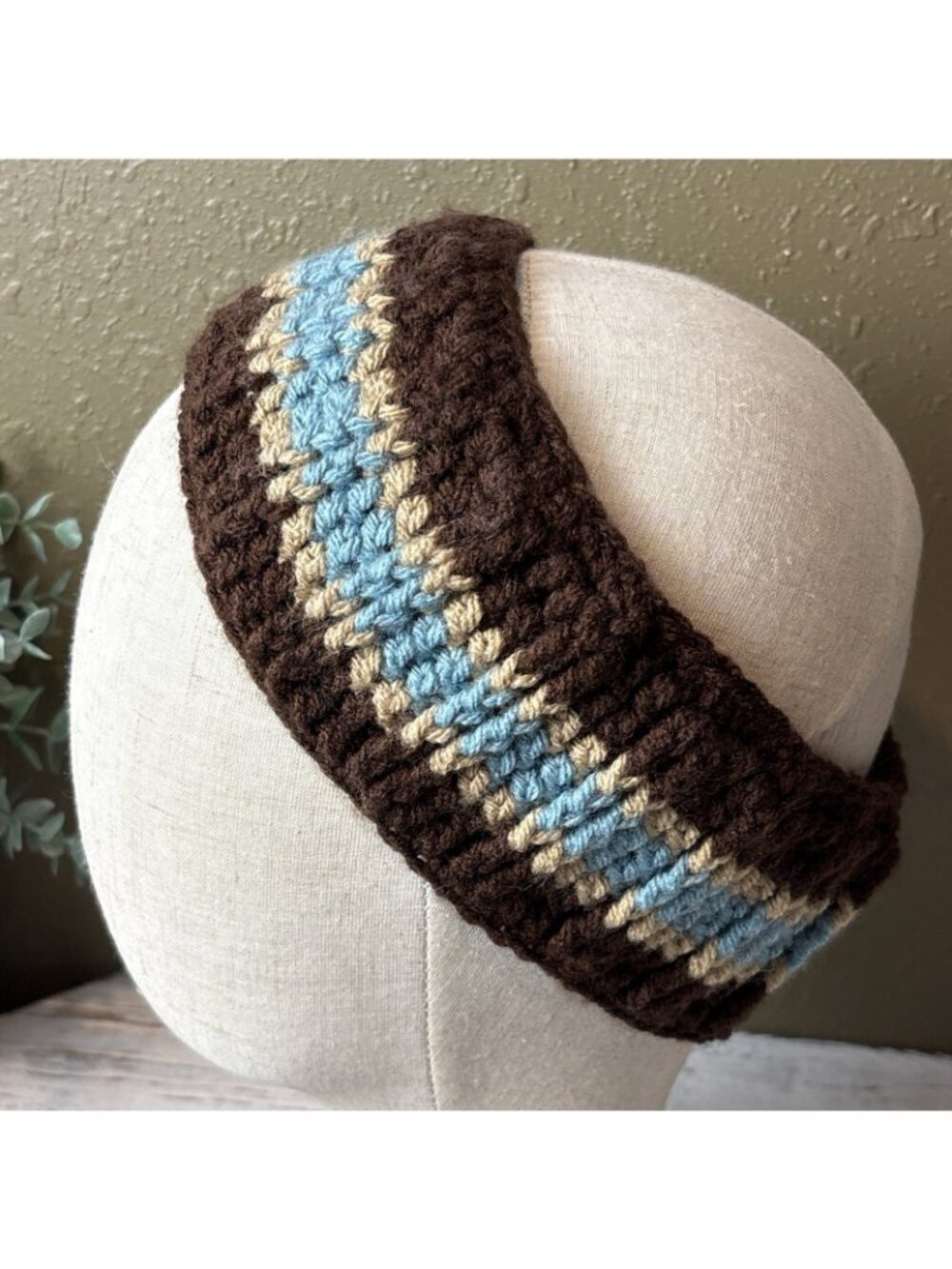 Knitted Handmade Crochet Headband W/button Boho Brown, Blue, Tan - Picture 3 of 3